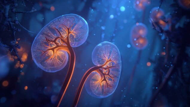 Glowing kidney anatomy illustration with translucent structure