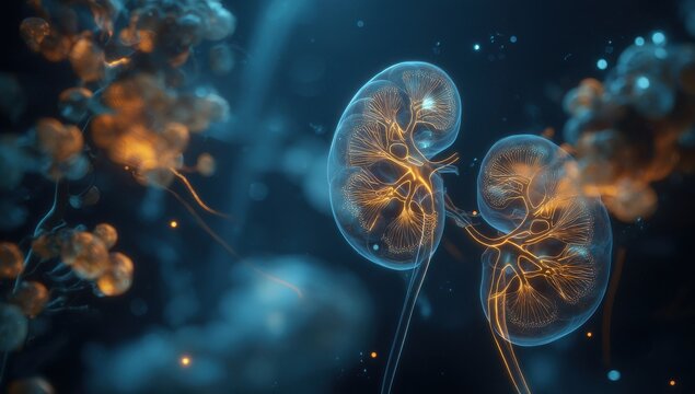 Glowing human kidneys with detailed internal structure