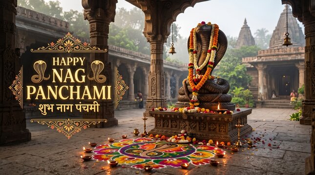 Celebration of nag panchami with a sacred snake idol decorated with marigold garland incense and oil lamps in a peaceful temple courtyard during daytime