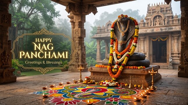 Celebration of nag panchami with a sacred snake idol decorated with marigold garland incense and oil lamps in a peaceful temple courtyard during daytime