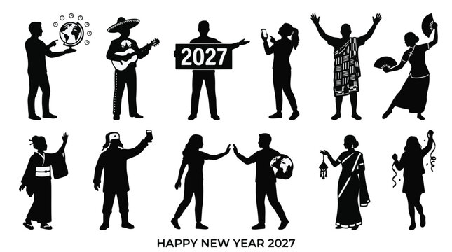 Collection of black silhouettes of diverse men and women in traditional costumes celebrating global Happy New Year 2027 party with signs, world globes, and festive props on white background.