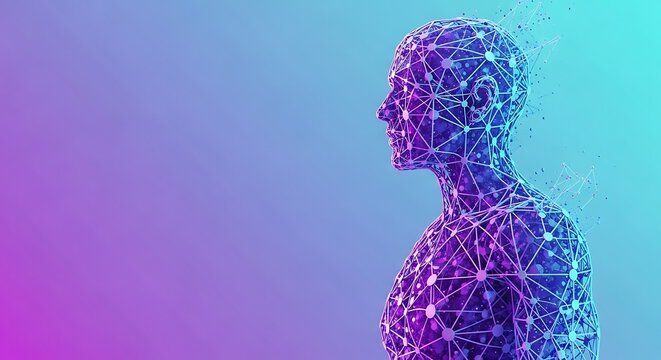 A profile view of a digital human formed of interconnected nodes against a gradient backdrop