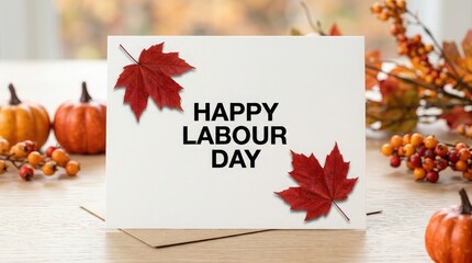 Happy labor day greeting card with autumn foliage and pumpkins festive september holiday scene