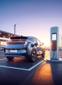 Sleek electric SUV charging at a public station under a dramatic sunset sky in a parking lot.