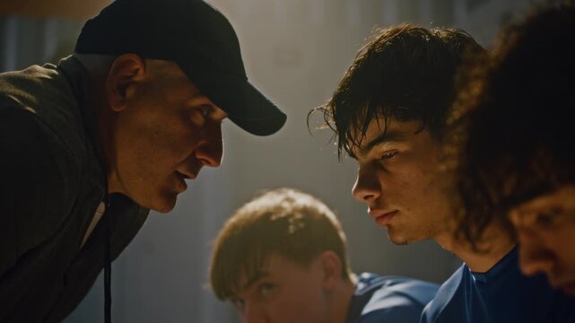 Strict Football Manager in Cap Aggressively Lecturing Team in Row of Lockers. Stands Over Seated Teenagers to Demand Better Performance. Crisis Moment Within Sports Team. Leadership Under Pressure.