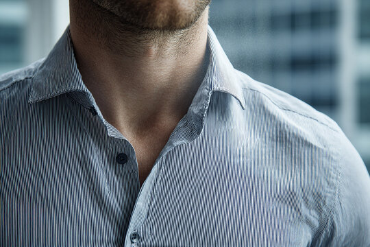 Close-up of a businessman practicing mindful breathing in a modern office with soft natural daylight