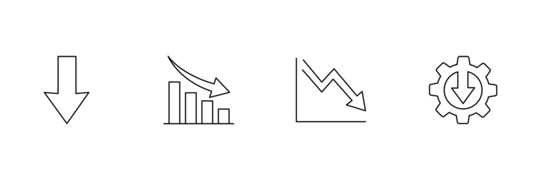Financial crisis and decline arrow icon set with minimal outline business loss chart vector illustration.