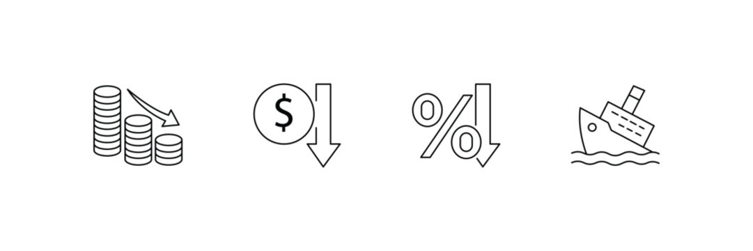 Financial crisis and loss line icon set with minimal economy crash sinking ship vector illustration.