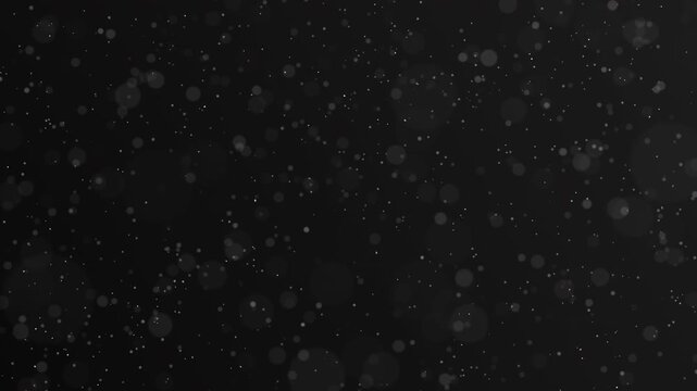 Fine dust particles drift continuously across a dark monochrome background. Soft blurred specks and sharper grains create atmospheric depth in a seamless loop.