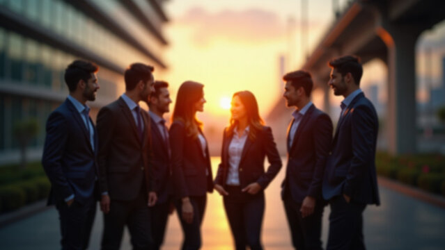 Coworkers stand together after iteration aligning on priorities ar beautiful modern house creative design style
