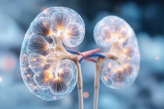 Human kidney anatomy with glowing nephrons and blood vessels