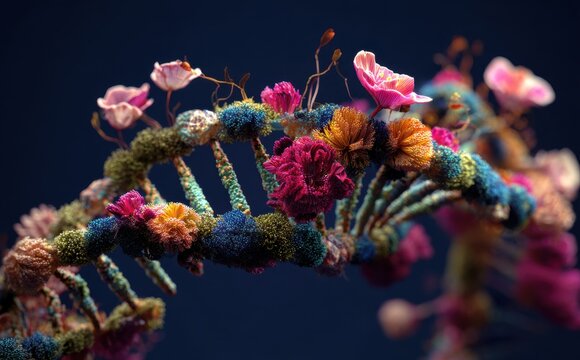 Vibrant dna double helix with colorful flowers and foliage