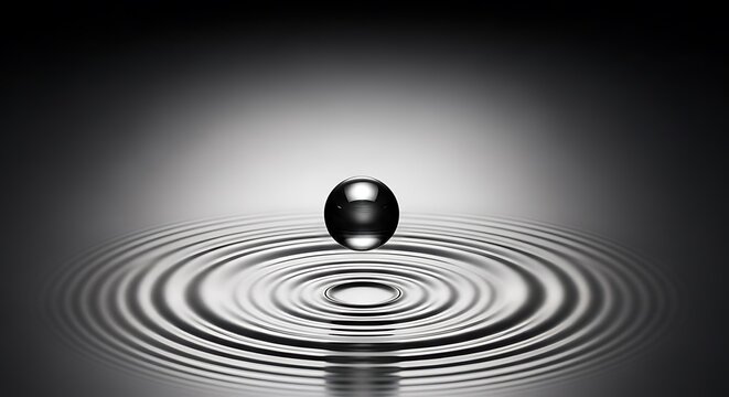 A reflective sphere hangs suspended above concentric ripples, creating a dramatic monochrome scene