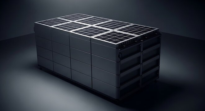 A rectangular, modular power storage unit with solar panels on top. Metallic and modern