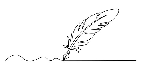 Continuous single line drawing of an old feather quill pen writing © SHANTO