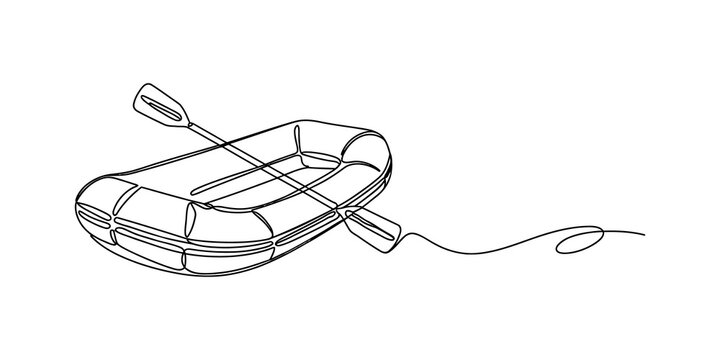 Simple line drawing of a small inflatable rubber boat with an oar
