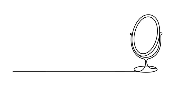 Minimalist single line drawing of an oval vanity mirror for makeup