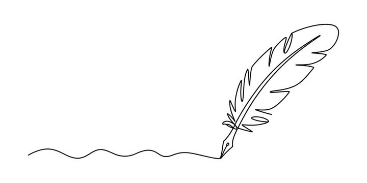 Continuous single line drawing of an old feather quill pen writing