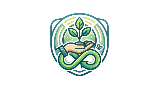 Sustainability Shield Logo with Hand Holding Sprout and Infinity Symbol