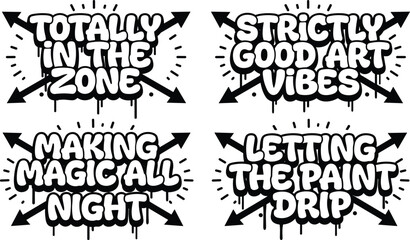 Fototapeta premium Set of four black and white graffiti style text stickers with drip effects and arrows isolated on a white background, for urban