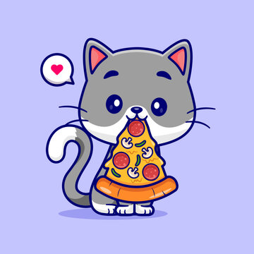 Cute Cat Eating Pizza Cartoon