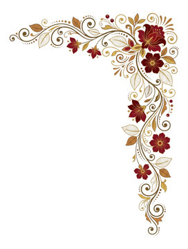 Elegant Floral Corner Border with Red Flowers and Gold Swirls