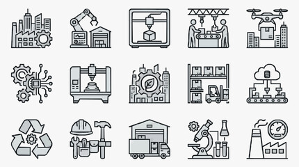 Fototapeta premium Clean Black and White Line Icons Set Featuring Industrial Automation Technology Recycling and Scientific Concepts