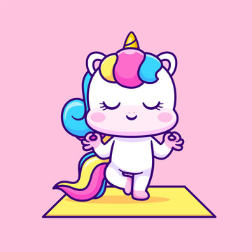 Cute Unicorn Meditation Yoga Cartoon 