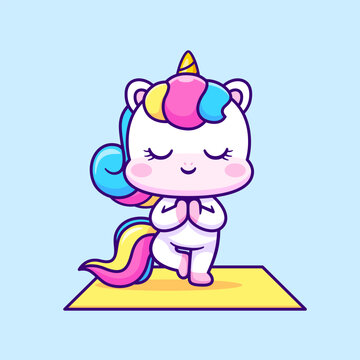 Cute Unicorn Meditation Yoga With Namaste Hand Cartoon 