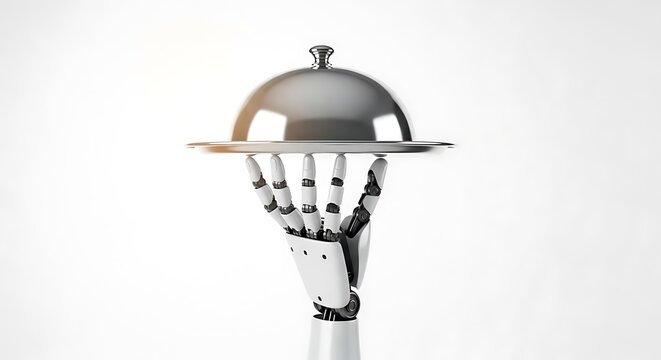 A robotic hand holding a silver cloche, isolated on a white background with soft light