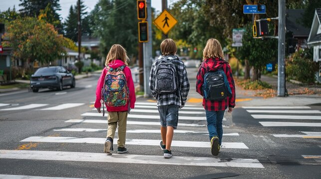 Three public school children walking to school at a pedestrian crossing safely crossing the road