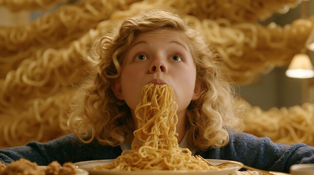Child eats a large portion of spaghetti pasta noodles with her hands during a fun dinner at home today.