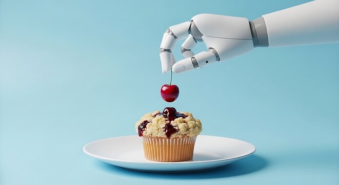 A robotic hand carefully places a cherry atop a muffin on a plate, blue background