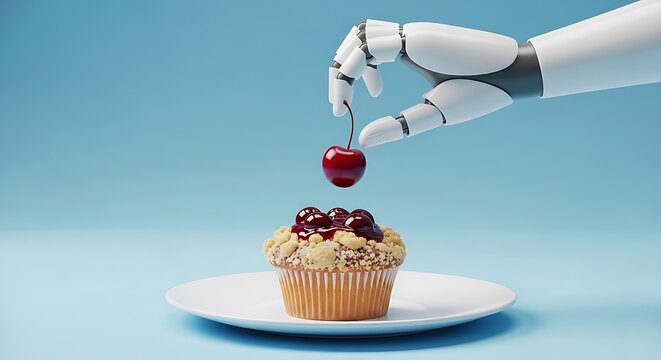A robotic hand places a cherry on a muffin atop a plate, blue background
