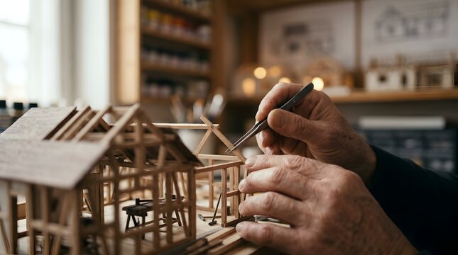 Craftsman meticulously assembling miniature wooden house model with fine tools, detailed hobby work, architectural model making