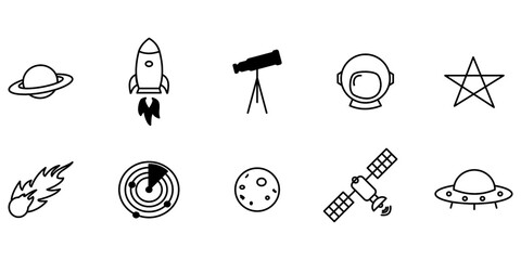 Space and Astronomy Vector Icon Set. Saturn Planet, Rocket Launch, Telescope, Astronaut Helmet, Shining Star, UFO Spaceship, Satellite, Full Moon, Radar, and Flying Comet. Minimalist Line Art Icons. © Khasanah