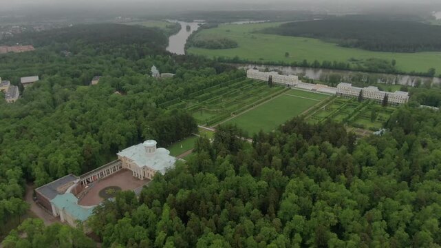 Drone orbiting palace gardens and landscape