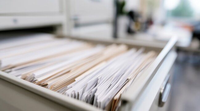 Filing cabinet drawer filled with organized folders and paper documents