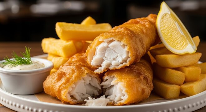 Traditional British Fish and Chips With Crispy Fried Fish and Golden Fries on Rustic Table