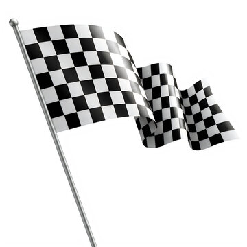 Checkered racing flag waving on a pole isolated on transparent background
