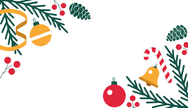 Flat vector Christmas festive border with pine branches berries and winter ornaments on white background