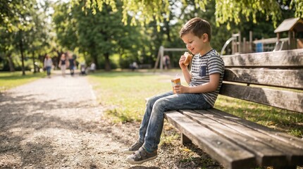 Obraz premium Boy eating snack on park bench