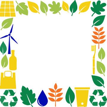 Colorful Eco-Friendly Frame with Recycling, Green Energy, and Nature Symbols for Environmental Sustainability Concept
