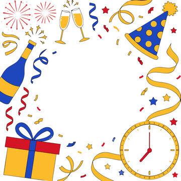 Festive New Year's Eve Celebration Frame with Party Hat, Champagne, Gift, and Clock Countdown Border on White Background