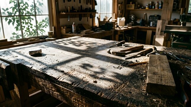 Rustic Woodworking Workshop with Large Workbench and Natural Light, Craftsmanship Concept