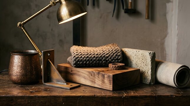 Artisan Workshop Materials on Rustic Wooden Bench with Industrial Lamp, Craftsmanship Concept, Textured Surfaces, Natural Materials, Warm Lighting