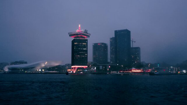 Amsterdam North Skyline During Snow Before Sunrise, Early Morning 4K