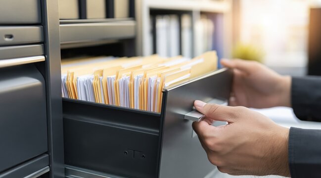hands opening filing cabinet drawer with manila folders