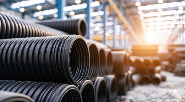 Stack of black corrugated plastic pipes in industrial warehouse factory