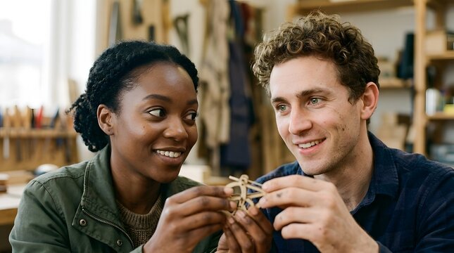 Diverse Couple Collaborating on Craft Project in Woodworking Workshop with Tools and Materials